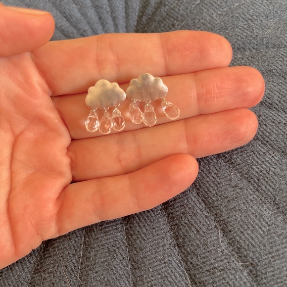 Silver cloud with 3 crystals dangle stud earrings raindrops - Picture 1 of 3